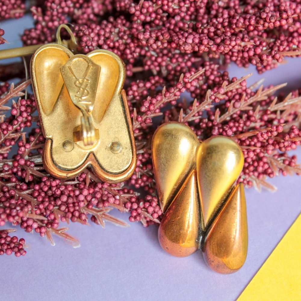 Signed YSL Bronze and Gold Tone Clip-On Earrings
